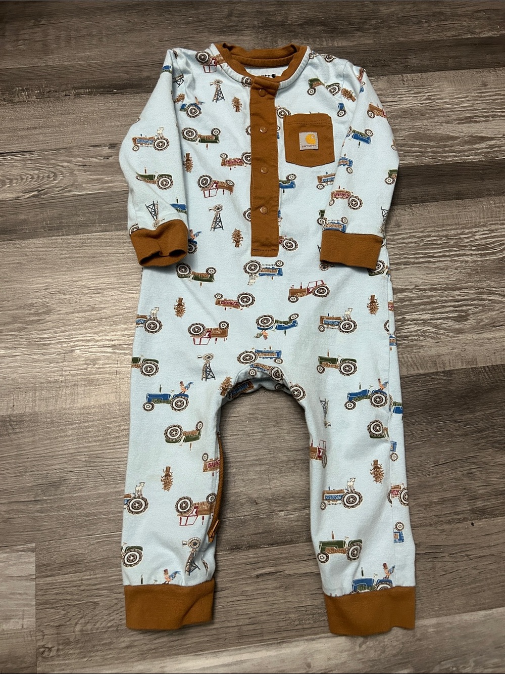 Carhartt Light Blue Tractor Print Footed One-Piece with Brown Trim
